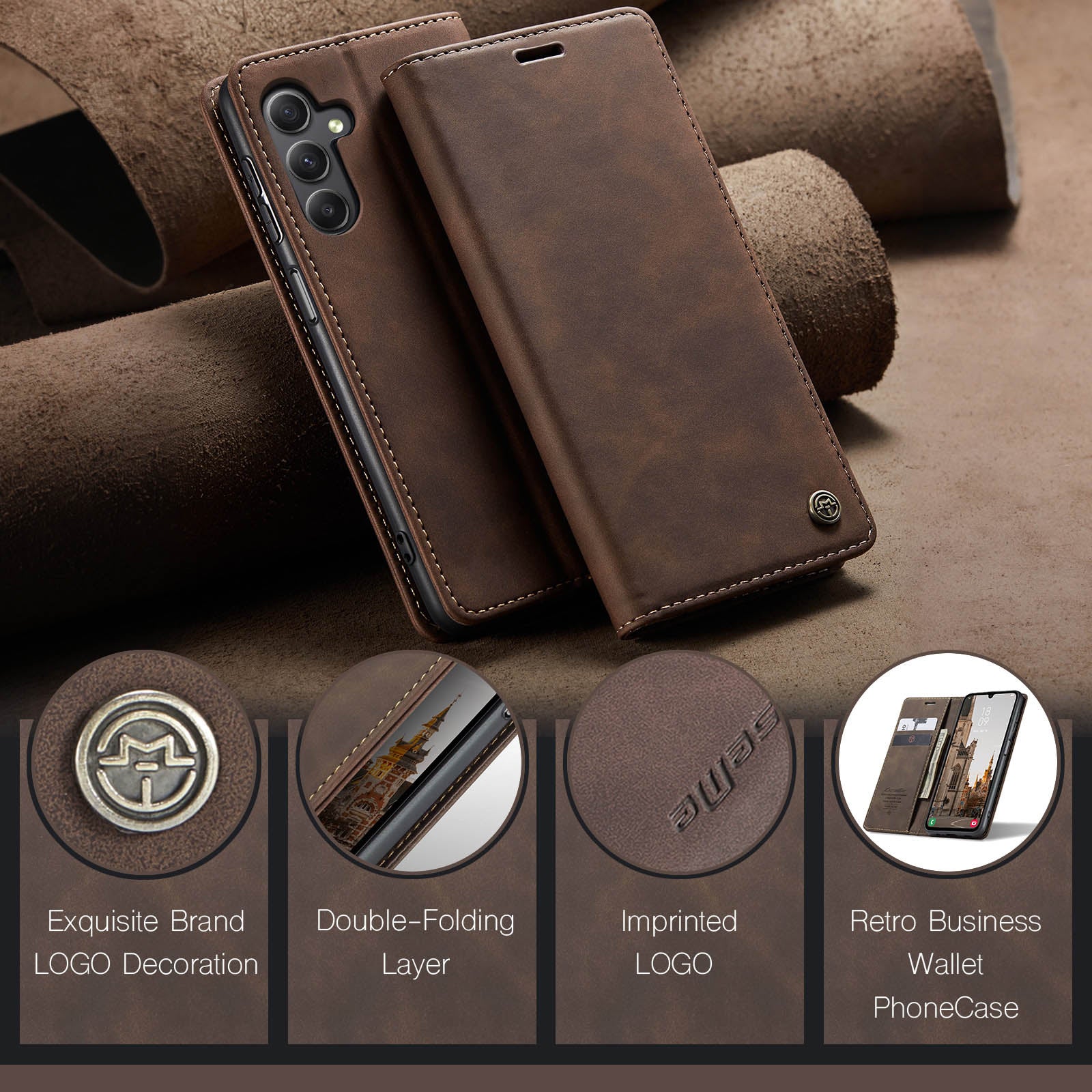 For Samsung Galaxy A16 5G / A16 4G Case CASEME 013 Series Card Holder Stand Leather Phone Cover - Coffee For Samsung Galaxy A16 5G / A16 4G Case CASEME 013 Series Card Holder Stand Leather Phone Cover - Coffee